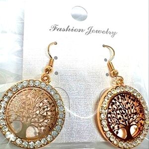NEW Beautiful Rose Gold "tree of life" Dangle Earrings Crystal Rhinestones NWT